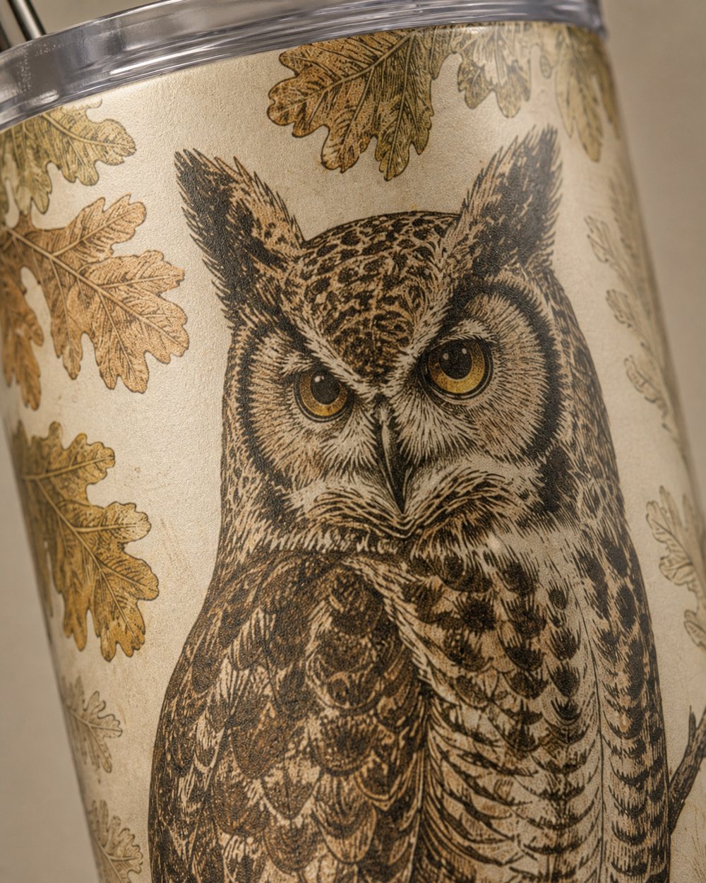 Close-up of the Oak Owl artwork printed on the tumbler
