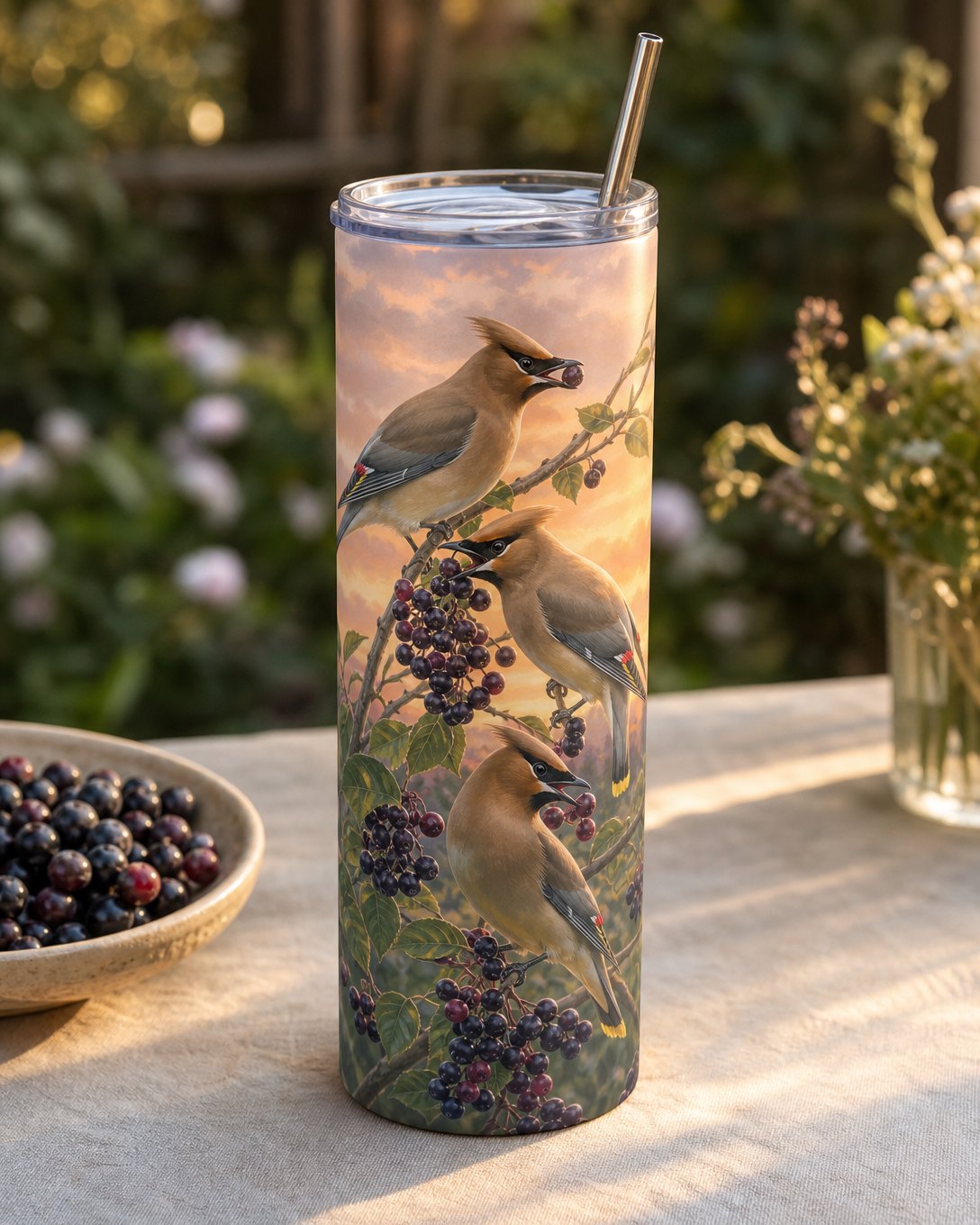 Serviceberry Waxwings Tumbler, image 1