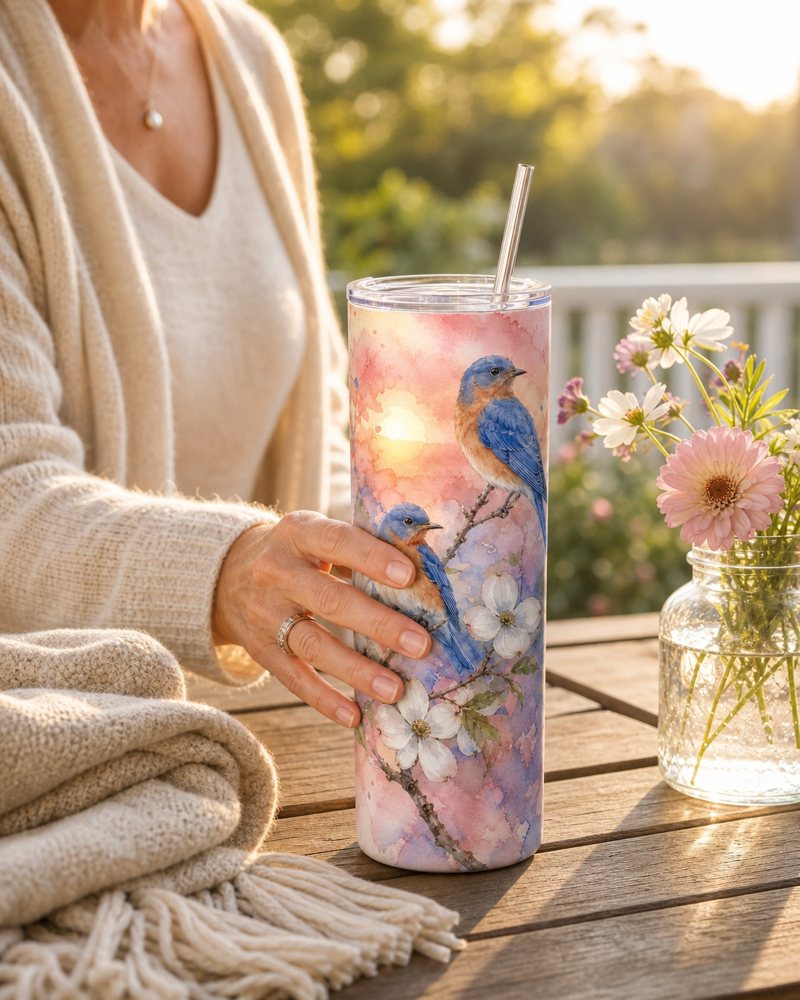 Golden Hour collection, Dogwood Bluebirds tumbler