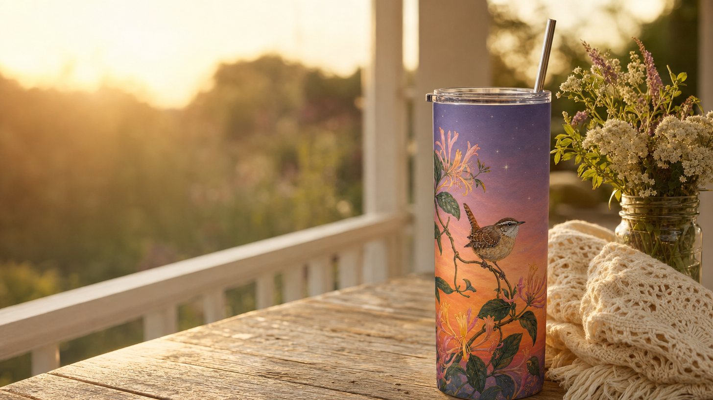 Honeysuckle Wren tumbler on a porch table at golden hour